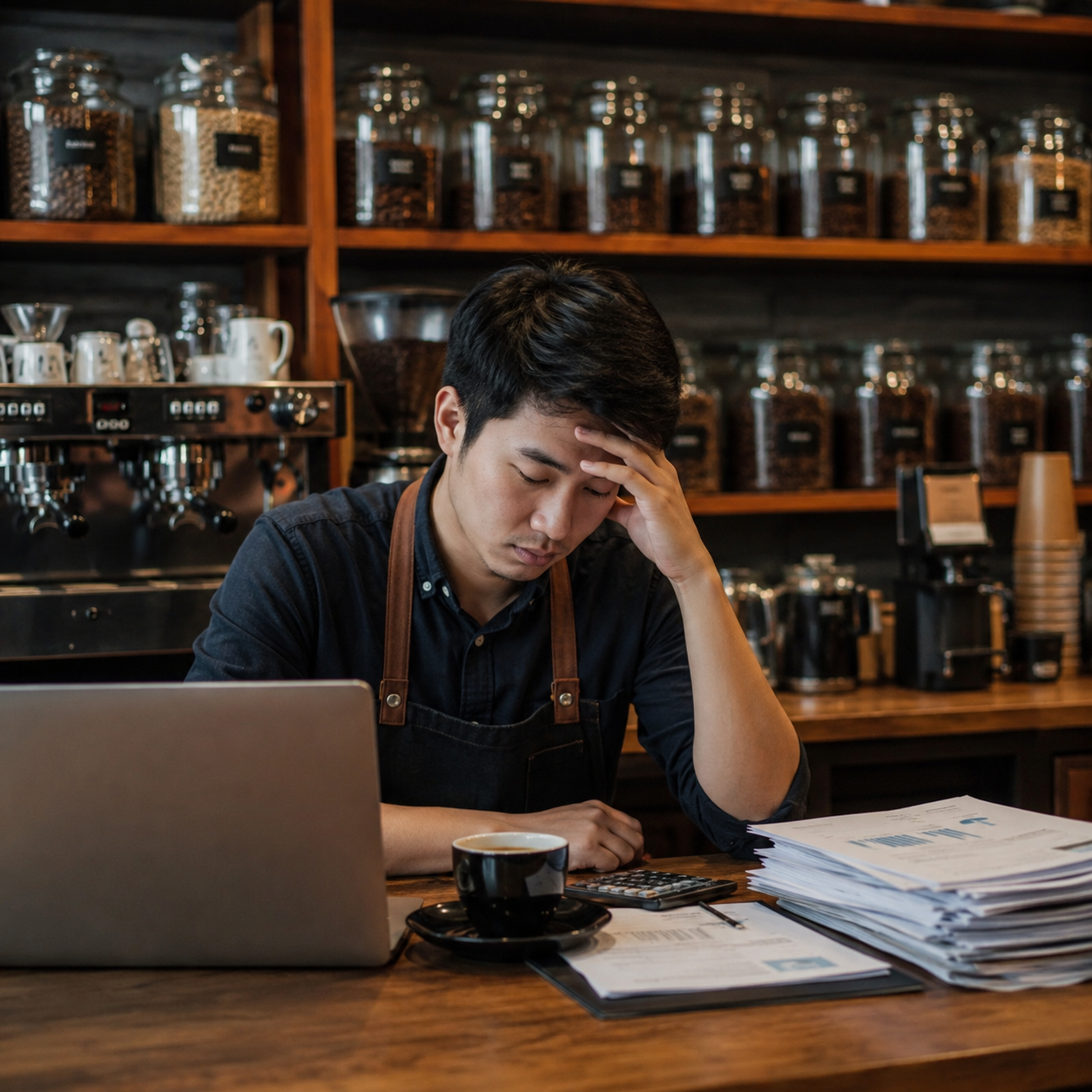 Pebisnis tersenyum menggunakan laptop